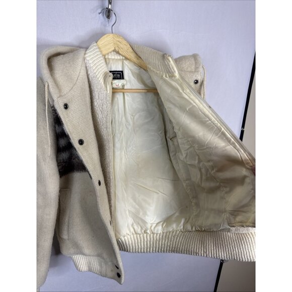 Vintage Myrna Wool Hooded Jacket Cream Brown Stripe 88% Wool Canada Women 5/6 - Picture 9 of 9